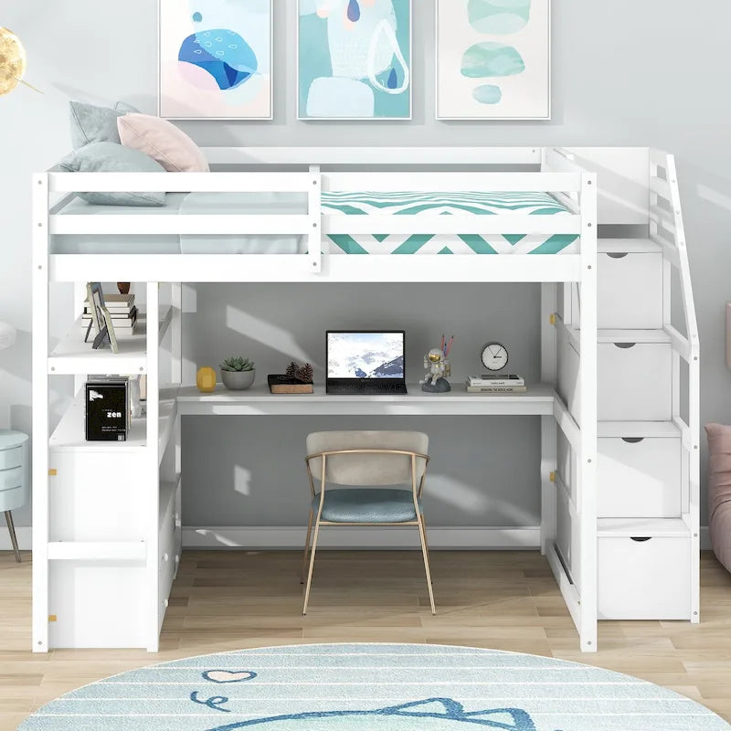 Letto a soppalco full size con scrivania e scaffali, due cassetti integrati, scala con ripostiglio