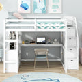 Letto a soppalco full size con scrivania e scaffali, due cassetti integrati, scala con ripostiglio