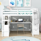 Letto a soppalco full size con scrivania e scaffali, due cassetti integrati, scala con ripostiglio