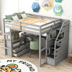 Letto a soppalco full size con scrivania e scaffali, due cassetti integrati, scala con ripostiglio