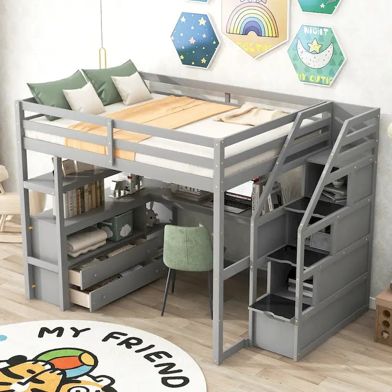 Letto a soppalco full size con scrivania e scaffali, due cassetti integrati, scala con ripostiglio