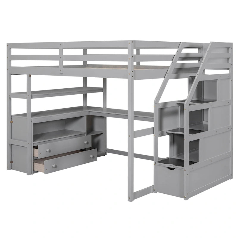 Letto a soppalco full size con scrivania e scaffali, due cassetti integrati, scala con ripostiglio