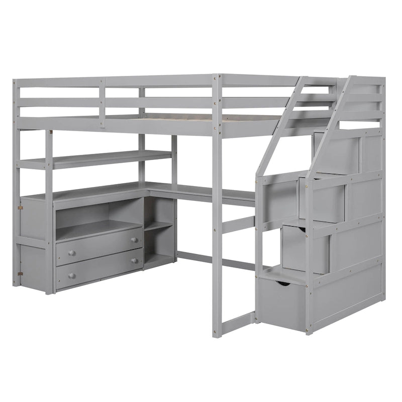 Letto a soppalco full size con scrivania e scaffali, due cassetti integrati, scala con ripostiglio