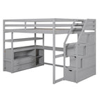 Letto a soppalco full size con scrivania e scaffali, due cassetti integrati, scala con ripostiglio