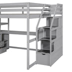 Letto a soppalco full size con scrivania e scaffali, due cassetti integrati, scala con ripostiglio
