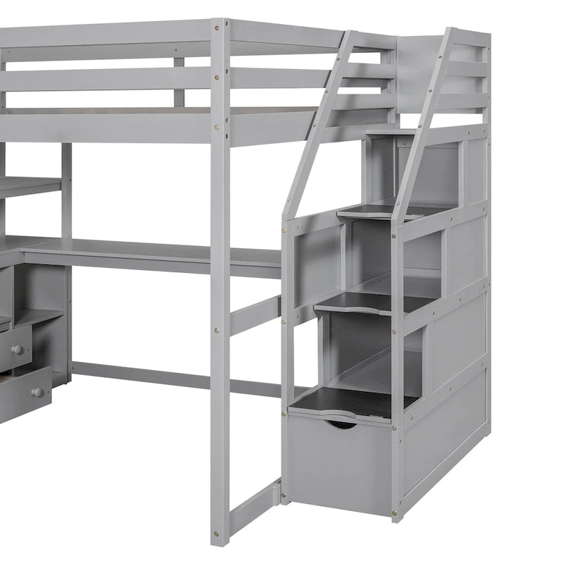 Letto a soppalco full size con scrivania e scaffali, due cassetti integrati, scala con ripostiglio
