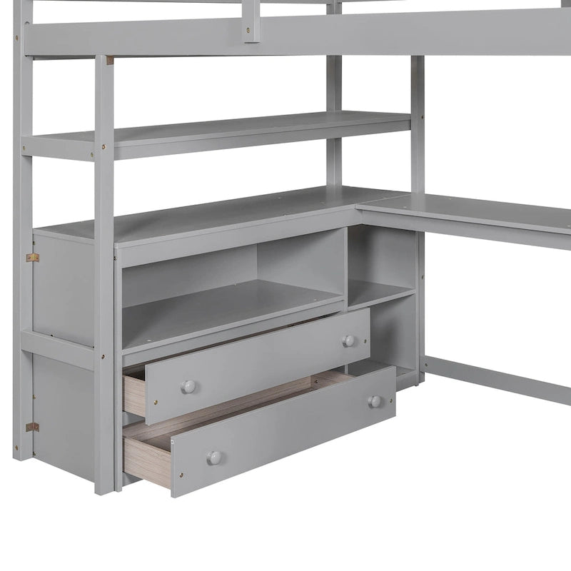 Letto a soppalco full size con scrivania e scaffali, due cassetti integrati, scala con ripostiglio