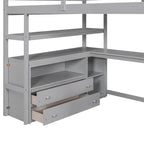 Letto a soppalco full size con scrivania e scaffali, due cassetti integrati, scala con ripostiglio