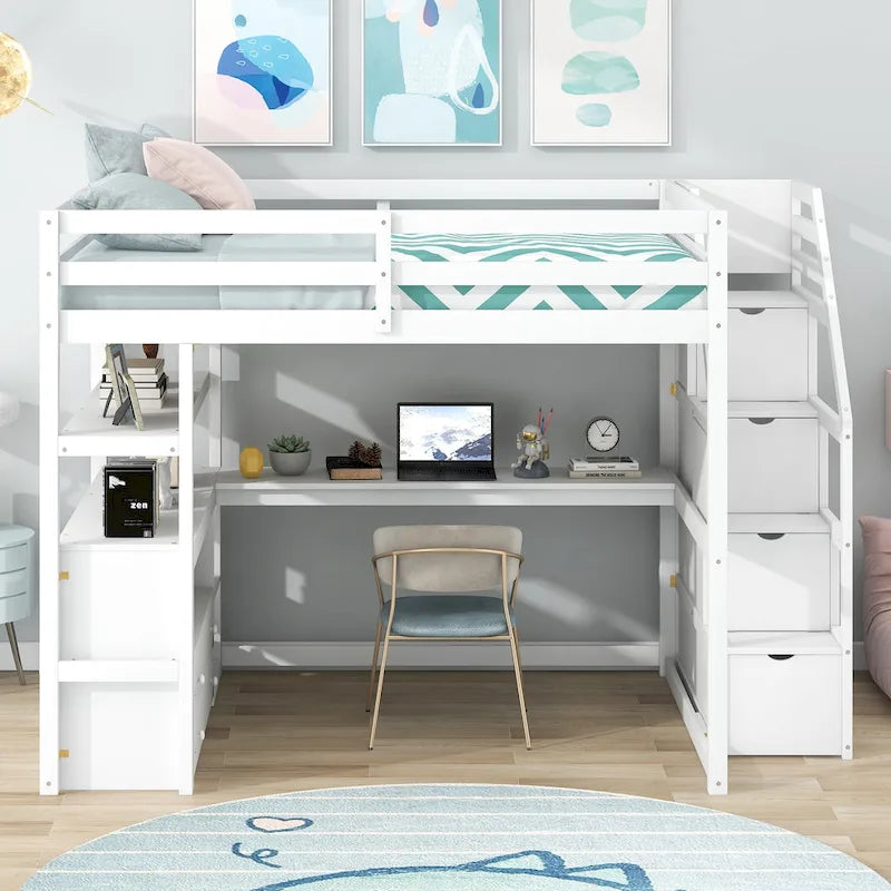 Letto a soppalco full size con scrivania e scaffali, due cassetti integrati, scala con ripostiglio