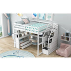 Letto a soppalco full size con scrivania e scaffali, due cassetti integrati, scala con ripostiglio