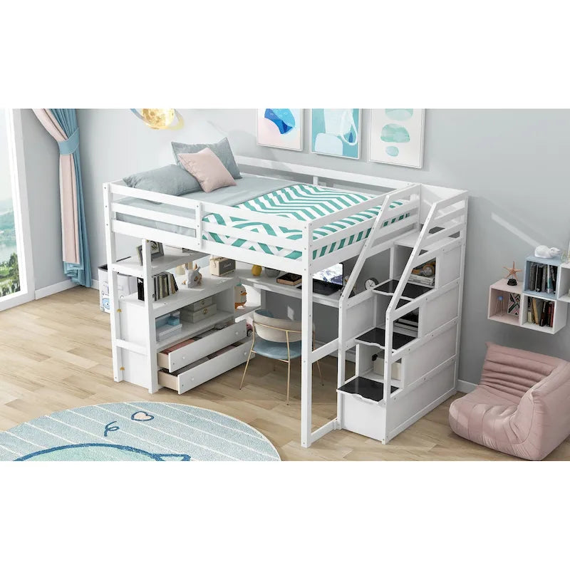Letto a soppalco full size con scrivania e scaffali, due cassetti integrati, scala con ripostiglio