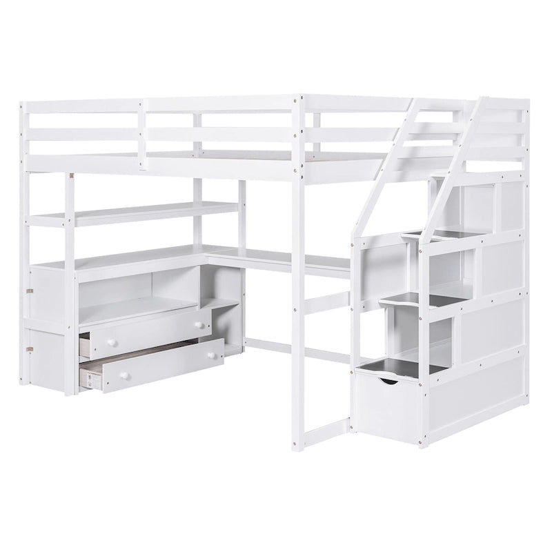 Letto a soppalco full size con scrivania e scaffali, due cassetti integrati, scala con ripostiglio