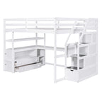 Letto a soppalco full size con scrivania e scaffali, due cassetti integrati, scala con ripostiglio
