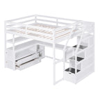 Letto a soppalco full size con scrivania e scaffali, due cassetti integrati, scala con ripostiglio
