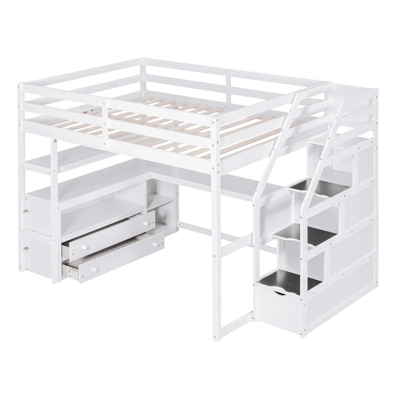Letto a soppalco full size con scrivania e scaffali, due cassetti integrati, scala con ripostiglio
