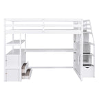 Letto a soppalco full size con scrivania e scaffali, due cassetti integrati, scala con ripostiglio