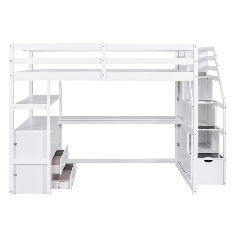Letto a soppalco full size con scrivania e scaffali, due cassetti integrati, scala con ripostiglio