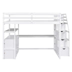 Letto a soppalco full size con scrivania e scaffali, due cassetti integrati, scala con ripostiglio