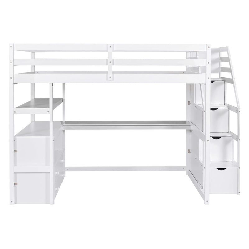 Letto a soppalco full size con scrivania e scaffali, due cassetti integrati, scala con ripostiglio