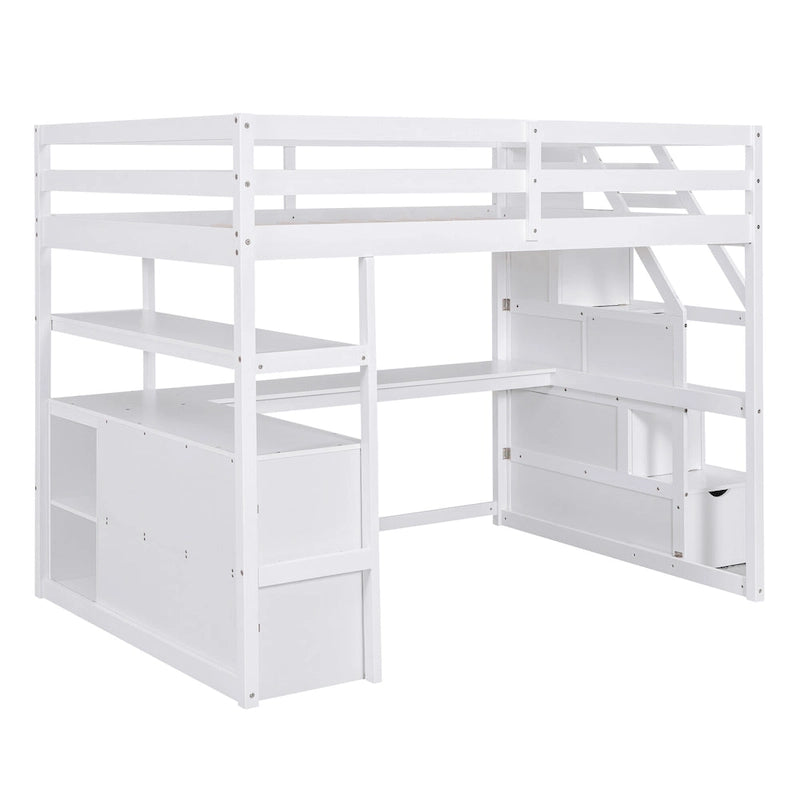 Letto a soppalco full size con scrivania e scaffali, due cassetti integrati, scala con ripostiglio