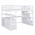 Letto a soppalco full size con scrivania e scaffali, due cassetti integrati, scala con ripostiglio