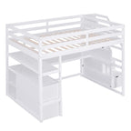 Letto a soppalco full size con scrivania e scaffali, due cassetti integrati, scala con ripostiglio