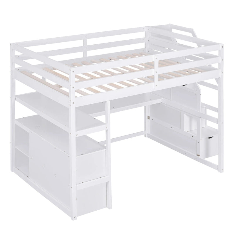 Letto a soppalco full size con scrivania e scaffali, due cassetti integrati, scala con ripostiglio