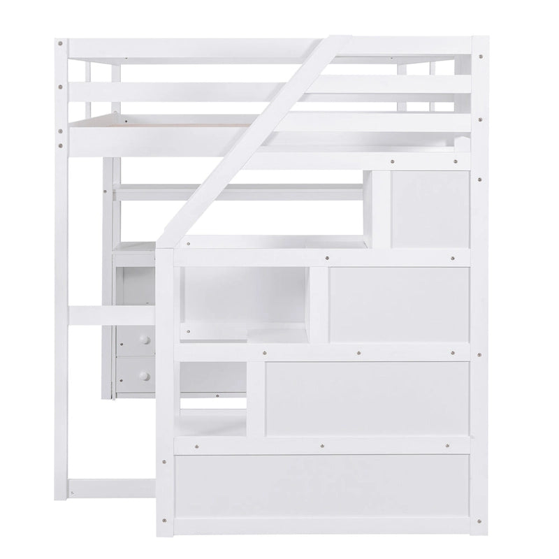 Letto a soppalco full size con scrivania e scaffali, due cassetti integrati, scala con ripostiglio