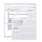 Letto a soppalco full size con scrivania e scaffali, due cassetti integrati, scala con ripostiglio