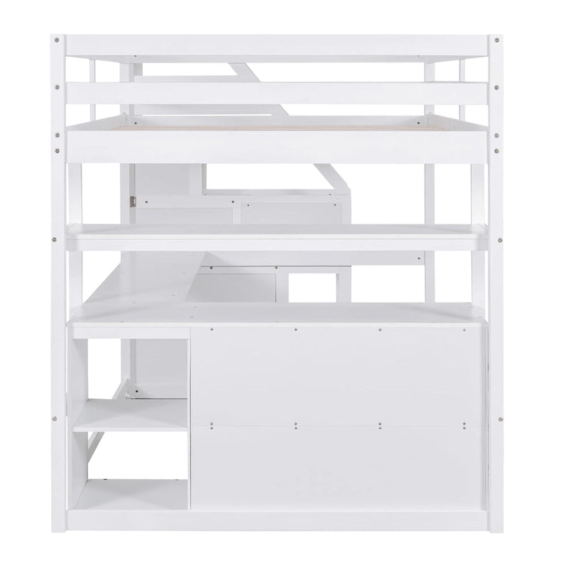 Letto a soppalco full size con scrivania e scaffali, due cassetti integrati, scala con ripostiglio