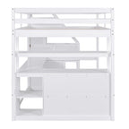 Letto a soppalco full size con scrivania e scaffali, due cassetti integrati, scala con ripostiglio