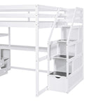 Letto a soppalco full size con scrivania e scaffali, due cassetti integrati, scala con ripostiglio