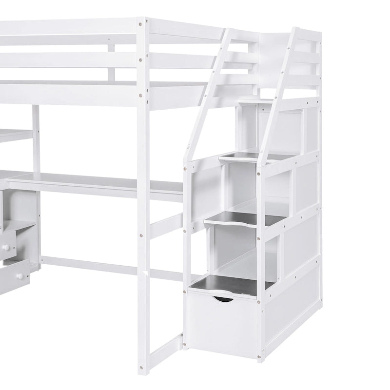 Letto a soppalco full size con scrivania e scaffali, due cassetti integrati, scala con ripostiglio