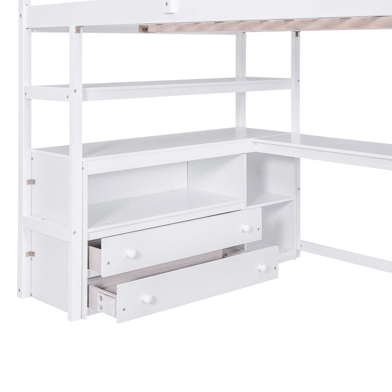 Letto a soppalco full size con scrivania e scaffali, due cassetti integrati, scala con ripostiglio
