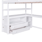 Letto a soppalco full size con scrivania e scaffali, due cassetti integrati, scala con ripostiglio