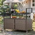 Tavolo da carrello per barbecue da esterno con ruote, isola da cucina in vimini