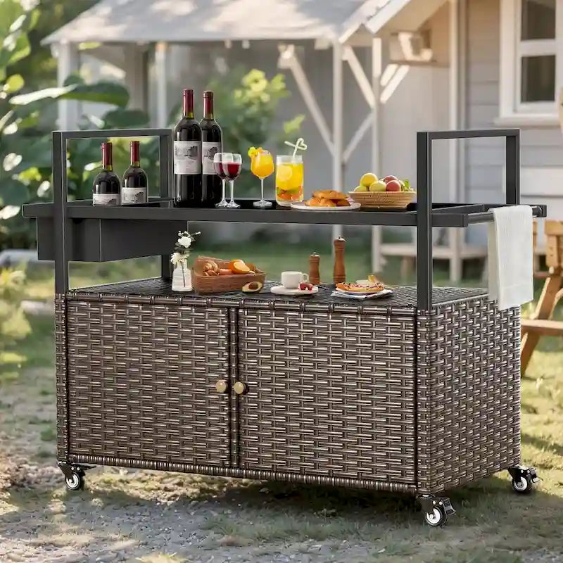 Tavolo da carrello per barbecue da esterno con ruote, isola da cucina in vimini