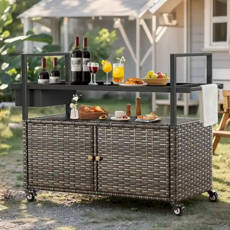 Tavolo da carrello per barbecue da esterno con ruote, isola da cucina in vimini