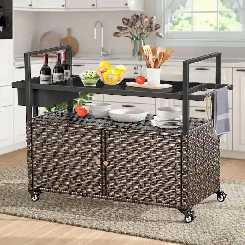 Tavolo da carrello per barbecue da esterno con ruote, isola da cucina in vimini