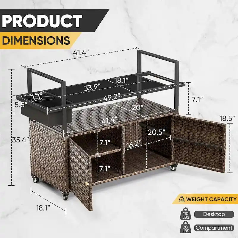 Tavolo da carrello per barbecue da esterno con ruote, isola da cucina in vimini