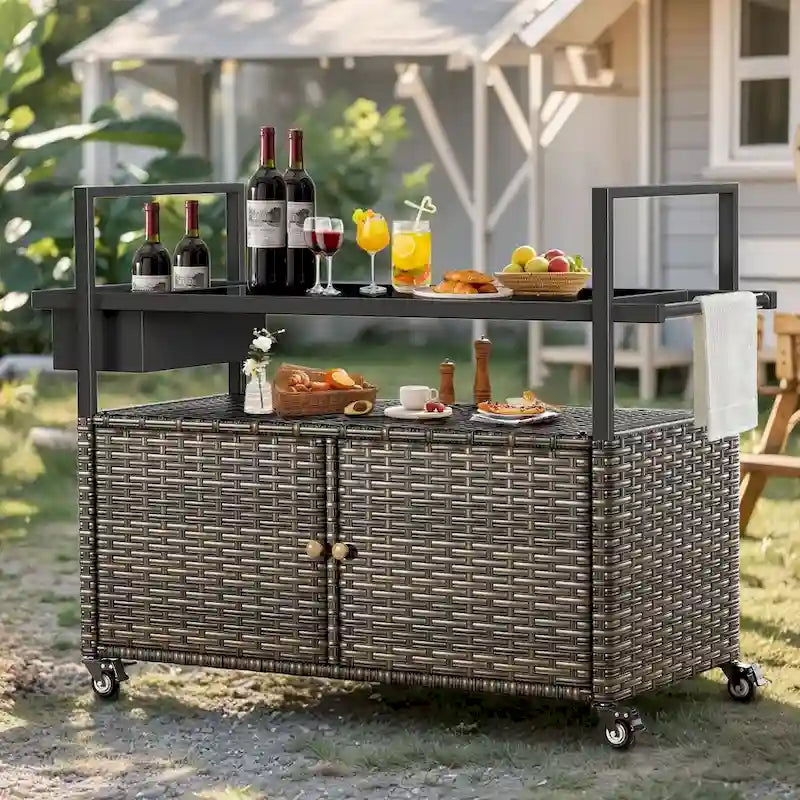 Tavolo da carrello per barbecue da esterno con ruote, isola da cucina in vimini