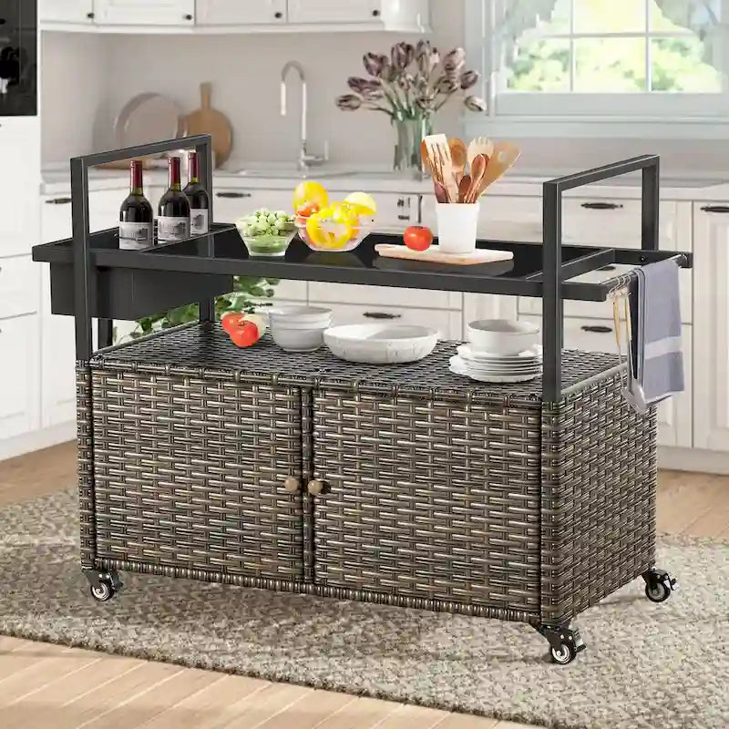 Tavolo da carrello per barbecue da esterno con ruote, isola da cucina in vimini