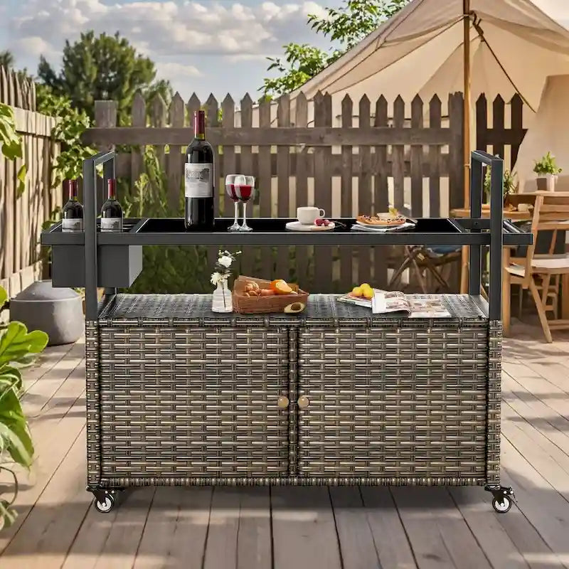 Tavolo da carrello per barbecue da esterno con ruote, isola da cucina in vimini