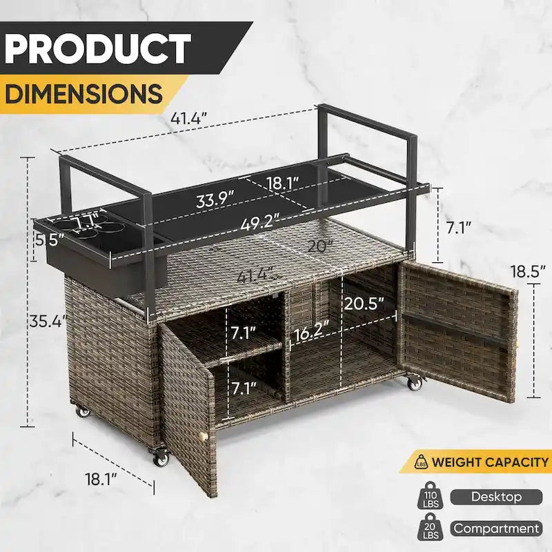 Tavolo da carrello per barbecue da esterno con ruote, isola da cucina in vimini