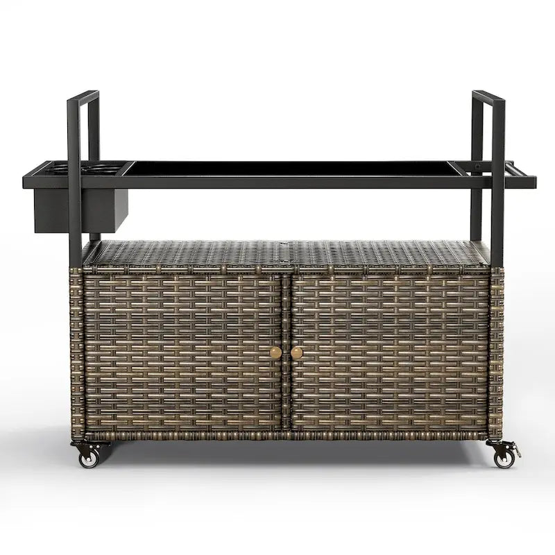 Tavolo da carrello per barbecue da esterno con ruote, isola da cucina in vimini