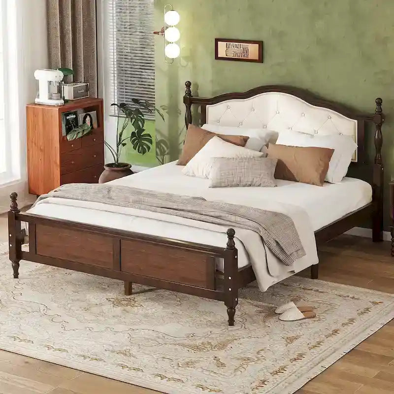 Letto Queen in pino con testiera imbottita e pediera a pannello, contenitore a scomparsa, Noce
