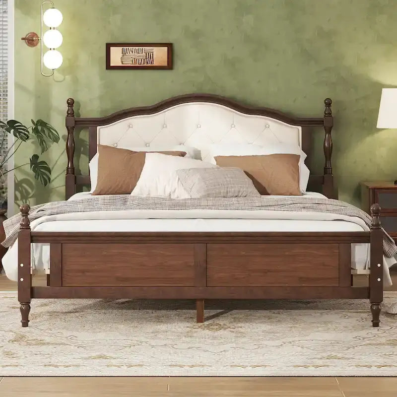 Letto Queen in pino con testiera imbottita e pediera a pannello, contenitore a scomparsa, Noce