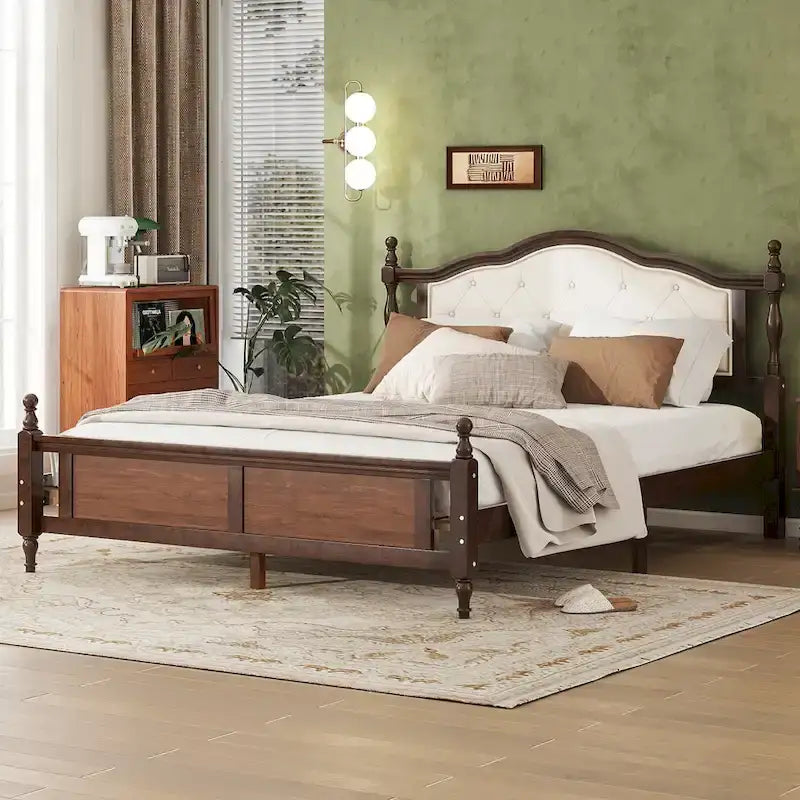 Letto Queen in pino con testiera imbottita e pediera a pannello, contenitore a scomparsa, Noce