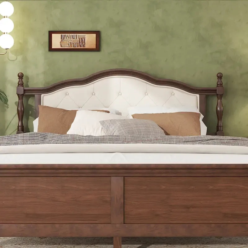 Letto Queen in pino con testiera imbottita e pediera a pannello, contenitore a scomparsa, Noce