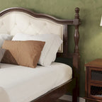 Letto Queen in pino con testiera imbottita e pediera a pannello, contenitore a scomparsa, Noce